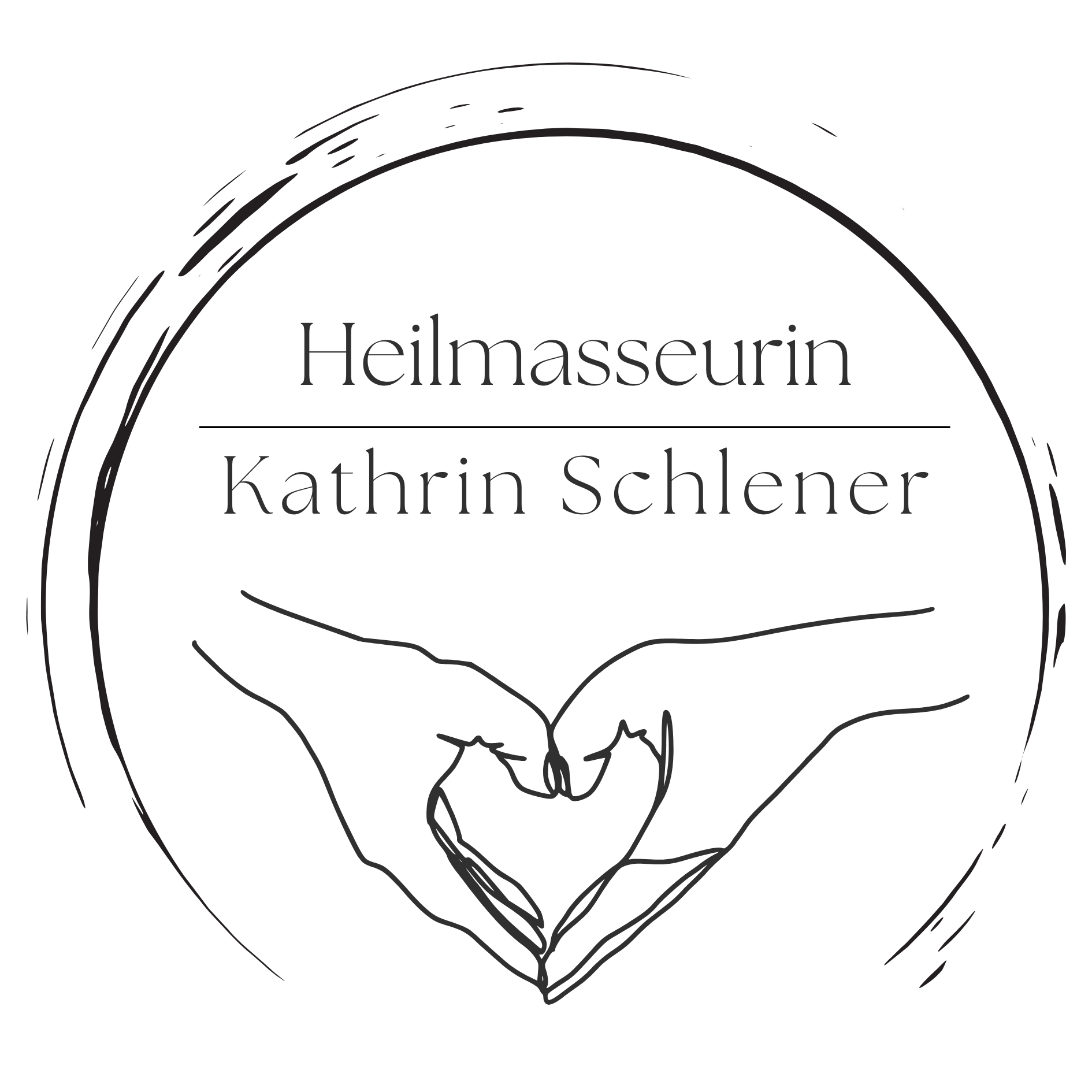 Logo Heilmasseurin Kathrin Schlener - unten offener Kreis in der Mitte Zwei Hände die ein Herz formen